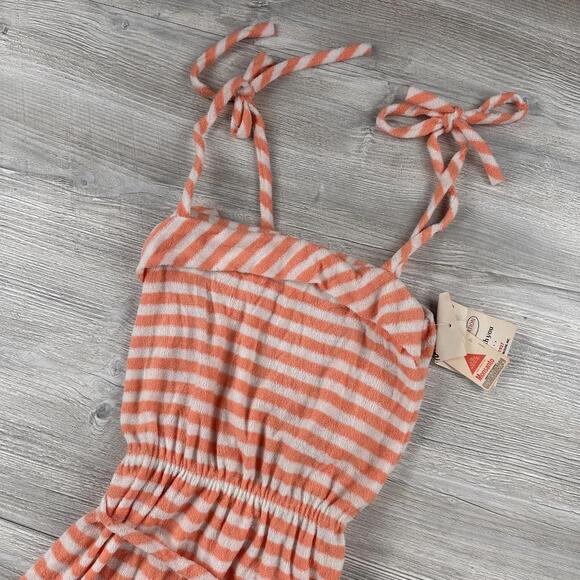 VTG Sundress Medium Orange White Striped Terry Cloth A Line Square Neck Maxi NWT - Picture 2 of 9